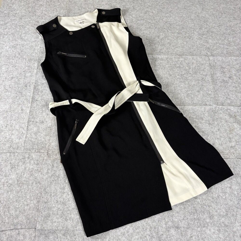 Calvin Klein Sleeveless Diagonal Zip Front Snap Closure Black White Dress Size 4
